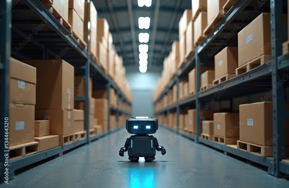 Poster little robot works in warehouse aisle with cardboard boxes on rack. ai automated smart delivery serv