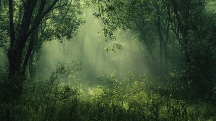 Obraz premium Mystical Foggy Green Forest Embraced by Gentle Light and Shadows