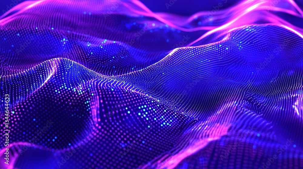 Poster vibrant flowing data waves with dots and lines in motion