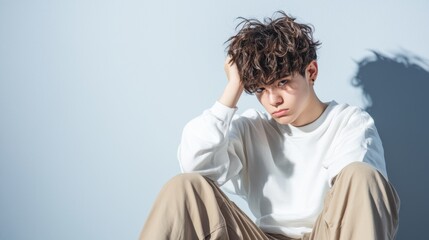 Child Abuse and Fear Distress from Pedophilia, A young person sitting pensively against a light wall.