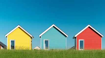 Colorful Houses on a Sunny Day - Three brightly colored houses sit on a grassy hill against a clear blue sky. Perfect for real estate, home, and happiness concepts