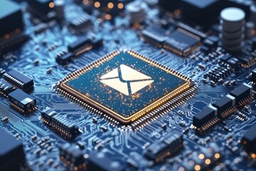 Computer chip featuring email icon symbolizing digital communication in modern technology