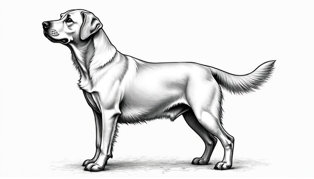 Full body line art engraving of Labrador dog breed. Illustration of standing white dog on isolated background. Domestic animal sketch drawing with detailed texture. Pedigree pet portrait for
