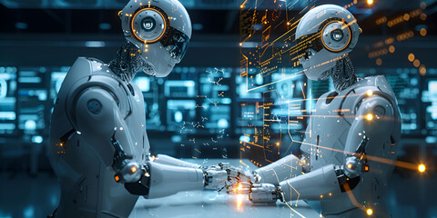 Fototapeta premium Two advanced AI humanoid robots shaking hands in a futuristic setting, Artificial intelligence collaboration and robotic partnership in a high-tech environment 