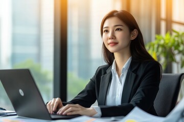 Female HR professional conducts online meeting in modern office environment during the day