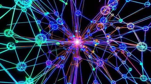Complex neural networks expanding and pulsating with bright colorful lines and circles on a black background