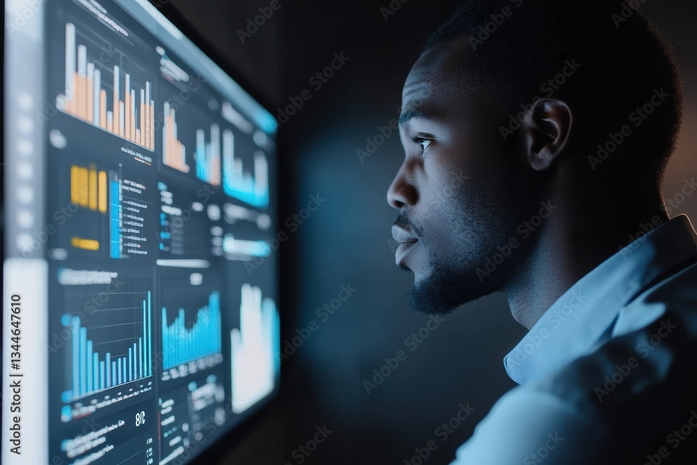 Poster focused african american data analyst examines key performance indicators on a display