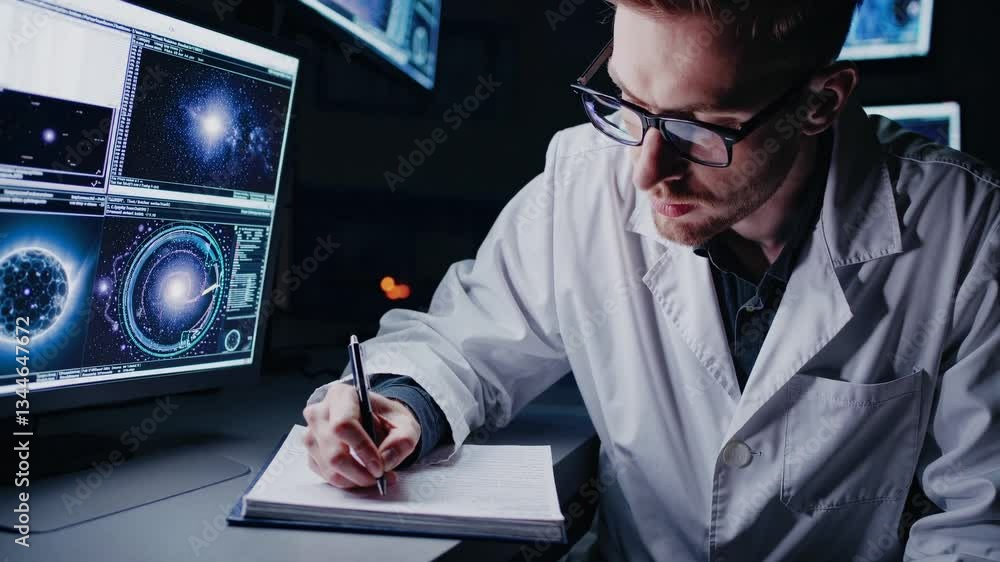 Poster scientist in a laboratory analyzing galaxy images on multiple screens, taking notes for astronomical