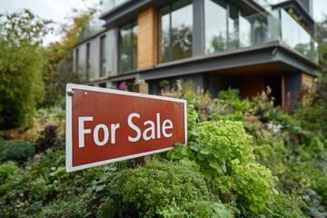 Obraz premium For sale sign displayed in front of modern house amidst lush greenery