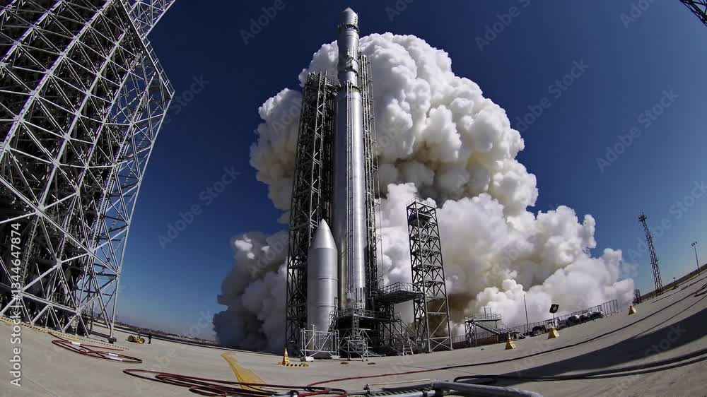 Poster white rocket smoke billowing upward during powerful launch sequence, revealing aerospace engineering