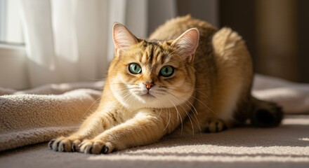 The golden chinchilla cat stretches slowly, its green eyes gaze mysteriously into the lens