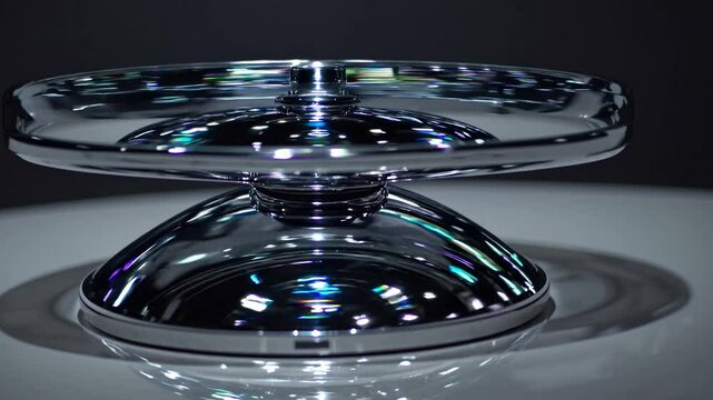 Reflective gyroscope spinning on a white surface, creating captivating light patterns and shadows. The sleek design highlights its intricate motion