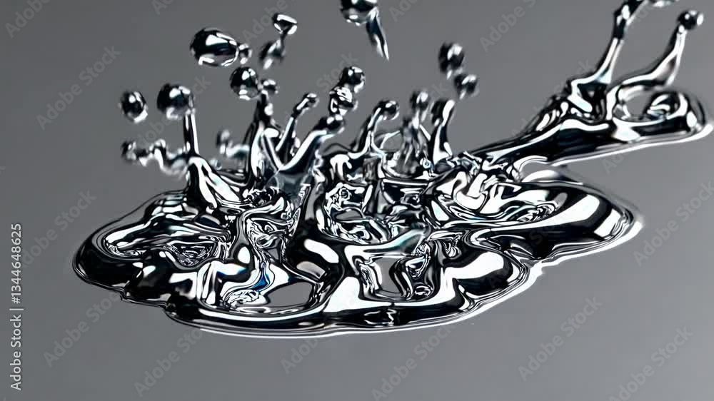 Poster metallic liquid pours and spreads, creating intricate and reflective patterns on a smooth surface