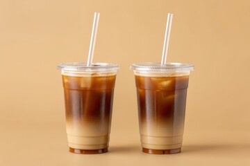 Iced Coffee in Clear Plastic Cups with Straws on Neutral Background. plastic cup mockup of cold coffee with ice cubes and straw on aesthetic beige background.