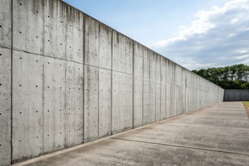 Concrete wall with smooth surface and clear blue sky in outdoor setting near green trees