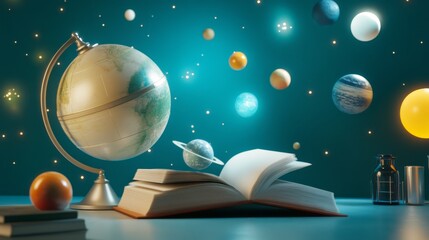 Naklejka premium Global Exploration: A Journey Through Knowledge - Open book, globe, planets, and stars symbolize learning, exploration, discovery, knowledge, and the universe. A scene of study and wonder