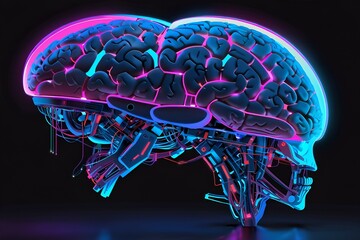 Futuristic human brain connecting neural link chip digital metaverse city world universe