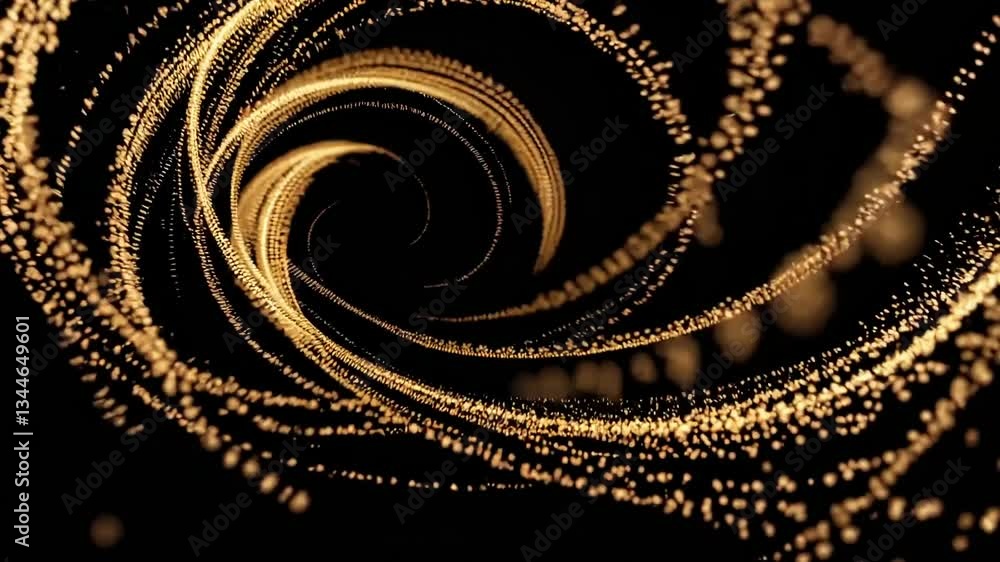 Poster golden particles swirl and dance elegantly in a dark, cosmic pattern, creating a mesmerizing and dyn
