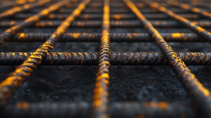 Rusty steel bars arranged in a grid pattern on a construction site during the early morning light