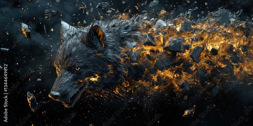 Poster a dynamic wolf portrait transitioning into burning rock particles