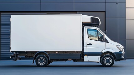 Delivery truck parked outside a modern facility on a clear day