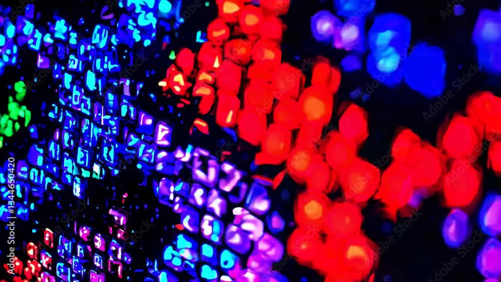 Poster glitching pixel animation forming abstract colorful patterns, ideal for technology or digital art pr