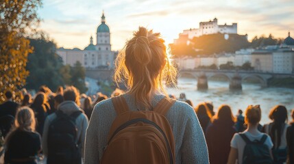 Fototapeta premium Tourist gazes at Salzburg sunset