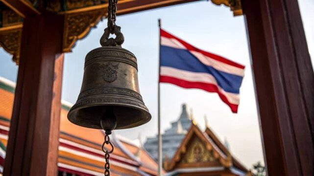 Traditional Bell in Temple with Thai Flag Symbol of Thailands Cultural Heritage and Architectural Beauty
