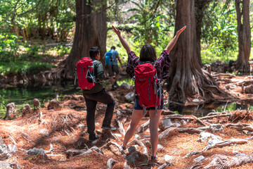 Hikers exploring cypress forest with river and waterfall