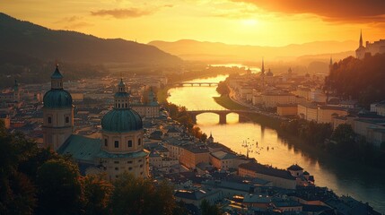 Obraz premium Salzburg, Austria cityscape at golden sunset