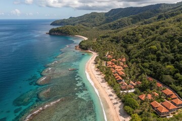 Fototapeta premium Stunning Aerial View of Coastal Resort Nestled Between Lush Green Mountains and Azure Ocean, Featuring Sandy Beach and Coral Reef, Perfect for Tropical Getaways