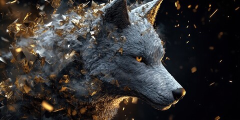 A stylized portrait of a wolf breaking into golden shards