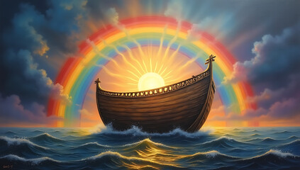 A symbolic painting of the Ark with a glowing rainbow