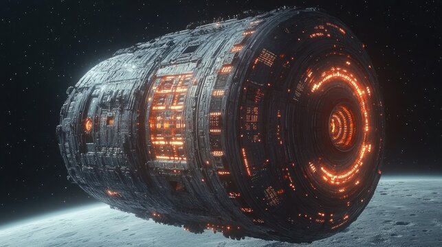 Alien spacecraft in space. Cylindrical shape with glowing internal components. Orbiting a moon-like body