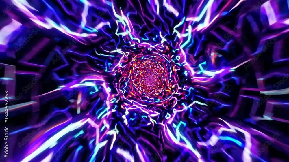 Poster colorful abstract animation depicting a journey through a twisting, energetic hyperspace tunnel with