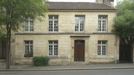Naklejka premium Beige Stone House with Brown Door and Green Trees