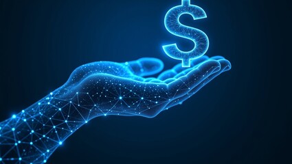 Futuristic wireframe hand holding dollar sign