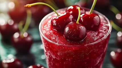 Refreshing Cherry Slush Drink with Fresh Cherries in Glass