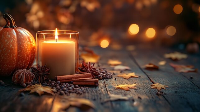 Autumnal Setting with Pumpkins, Cinnamon, and Candles on Wooden Table, Perfect for Historic Event Concepts