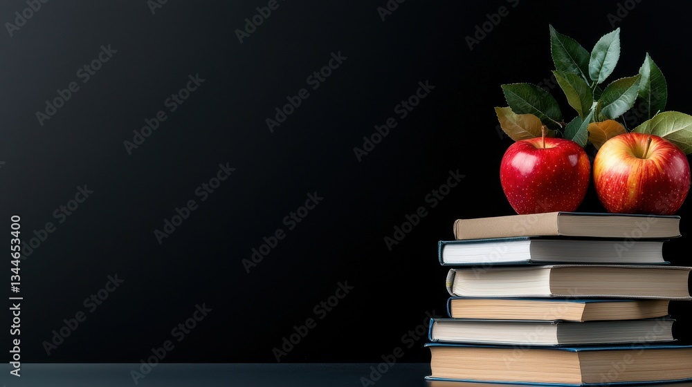 Aufkleber a stack of books and two apples on top of them