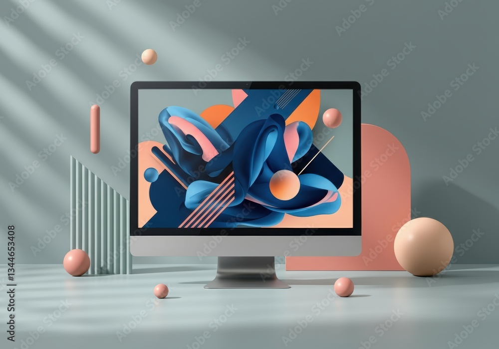 Fototapete Abstract digital art displayed on a modern computer monitor with geometric shapes