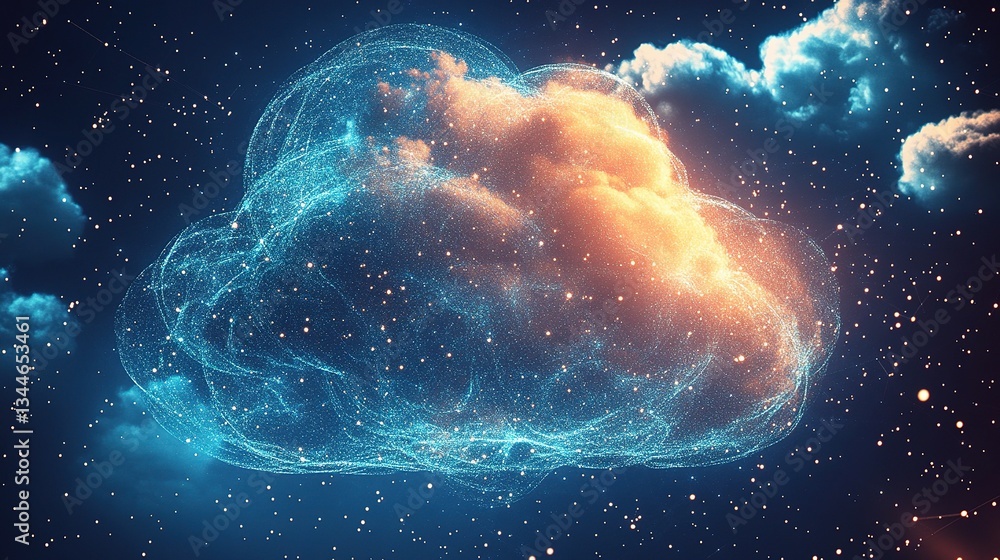 Poster abstract data cloud swirling with particles in cosmic background