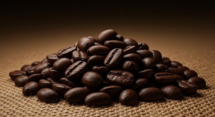 Fototapeta premium Dark roasted coffee beans piled high, evoking warmth and richness, resting on a textured burlap background that enhances their visual appeal
