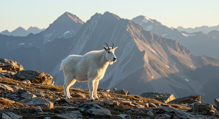 Mountain goat standing majestically on rocky terrain with a breathtaking backdrop of rugged mountains during golden hour