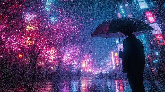 Lofi boy holding umbrella in rain, surrounded by neon lights, evokes sense of solitude and wonder, lofi anime for music video, Cyan purple fantasy landscape 4k animation video