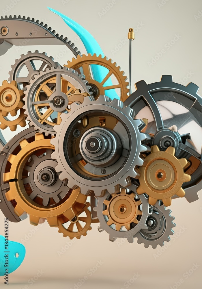 Poster colorful gears and cogs in a dynamic arrangement showcasing mechanical design