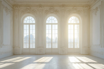 Fototapeta premium Elegant generative ai depiction of a bright, empty room with ornate classical architecture and large windows letting in sunlight