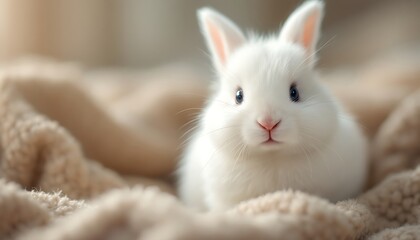 Adorable White Bunny Rabbit on Soft Blanket