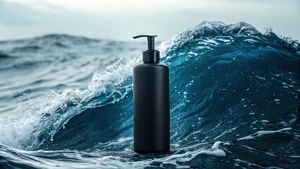 Elegance in Waves: A sleek black bottle, set against a dynamic backdrop of ocean waves, evokes a sense of purity and natural freshness.