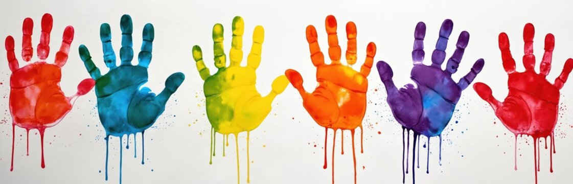 Colorful handprints illustration for Children day art projects, childhood memories designs. Rainbow hands art for joyful learning, family care, creativity projects, kids education, togetherness - Powered by Adobe